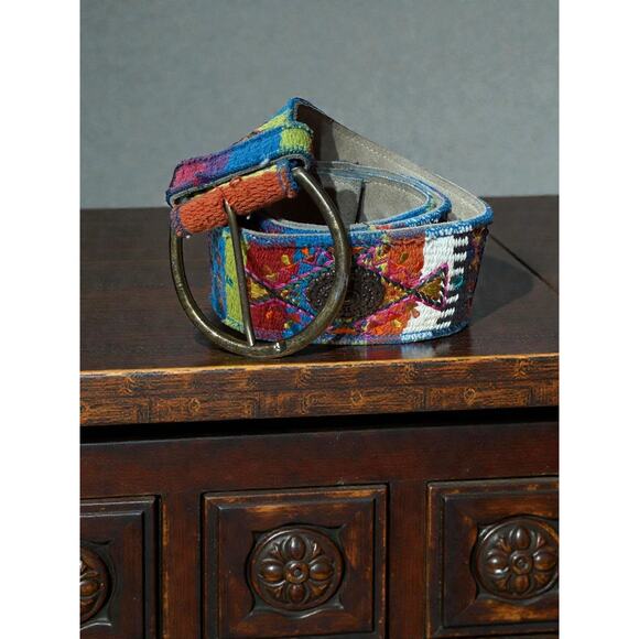 Chico’s Leather Woven Boho Belt Large Brass Buckle Colorful Wide 50” L - Picture 1 of 5